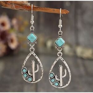 Western Vintage Inspired Teardrop Cactus Earrings Turquoise Boho Hippie Cowgirl